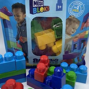Mega Bloks Fisher-Price Toy Blocks Blue Big Building Bag With Storage 80 Pcs EUC